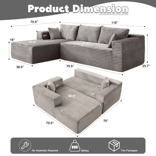 Compression Sectional Couch With Comfy Chaise, Boneless L Shape Sofa