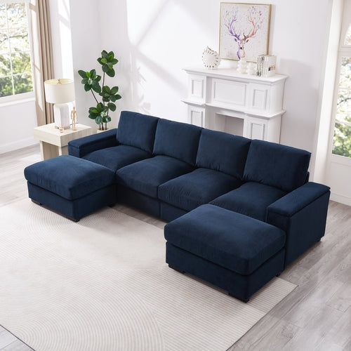 Sectional Sofa Deep Seat Sofa Couch With Ottomans, Corduroy Sofa