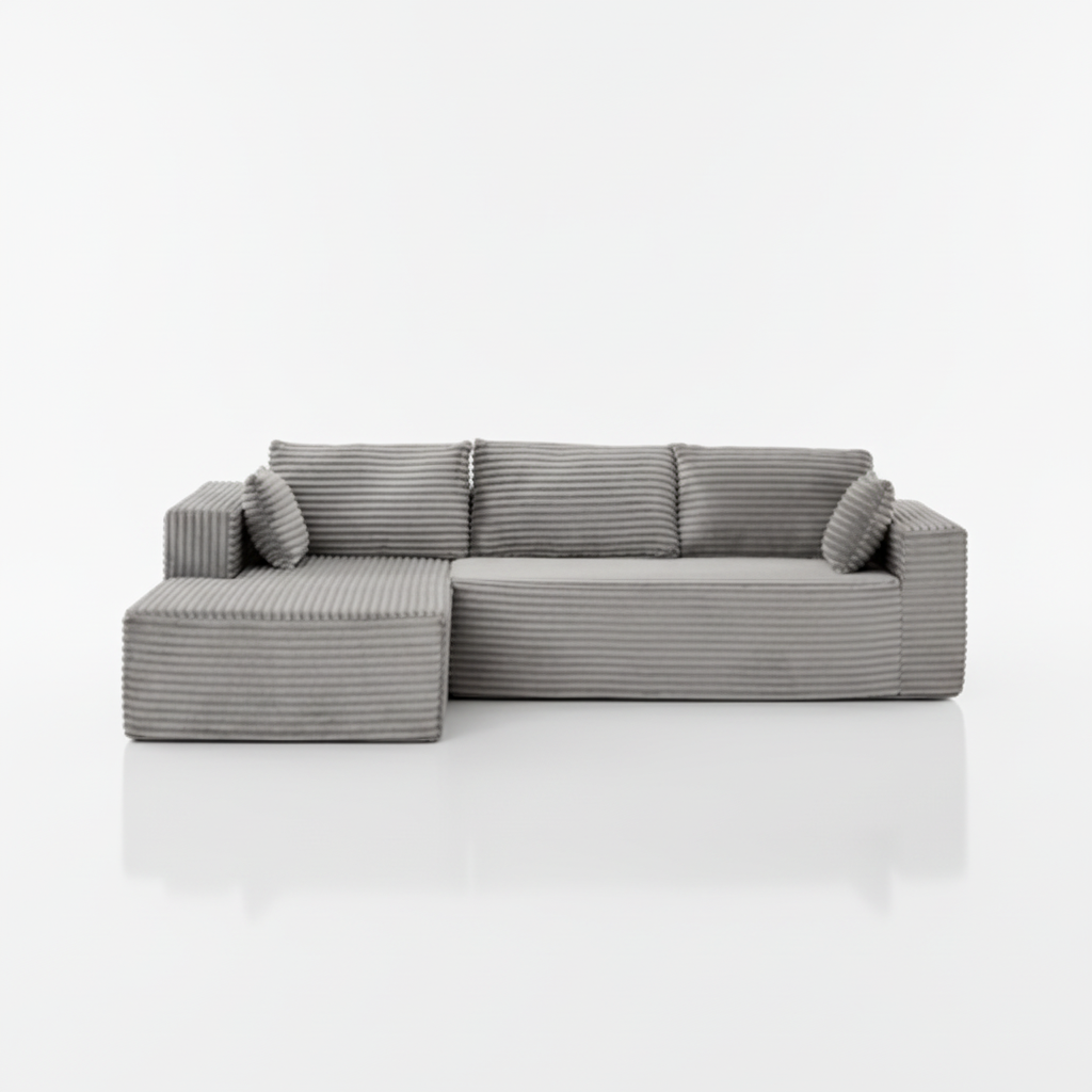 Graues L-Sofa auf weißem Hintergrund