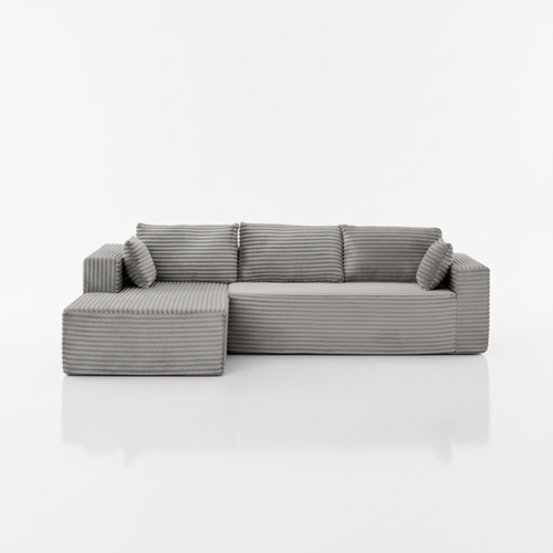 Graues L-Sofa auf weißem Hintergrund